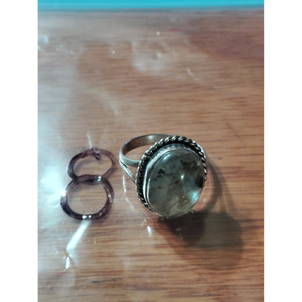 925 Oval Moss Agate Cabochon Rope Border Ring Size 9 Unisex
